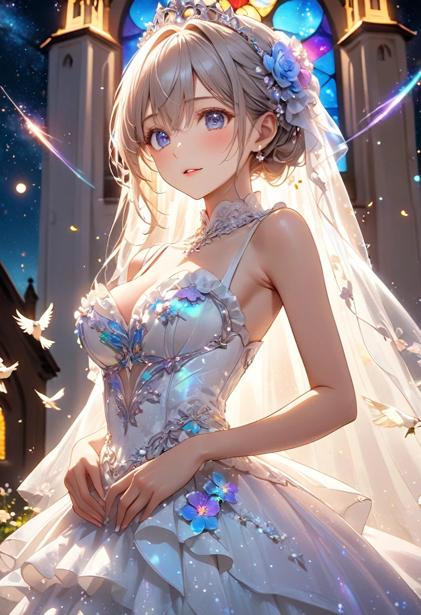 Highest quality, Highest quality, 16K, Unbelievably absurd, Very detailed, 2.5D, delicate and dynamic, church, Brightly colored stained glass, Small faint lights and flying fireflies, night, Starry Sky, milky way, nebula, shooting star, Flowers, bird, Wind and Moon, Very delicate facial expressions, Delicate eye depiction, Upper body close-up, erotic, Only sexy women, Healthy body shape, 22-year-old woman, bride, Height: 170cm, Large, firm, swaying bust, Colorful Tiaras, Long wedding dress with complex structure, Colorful long wedding dresses, See-through long ruffle wedding dress, Extra long cape from head