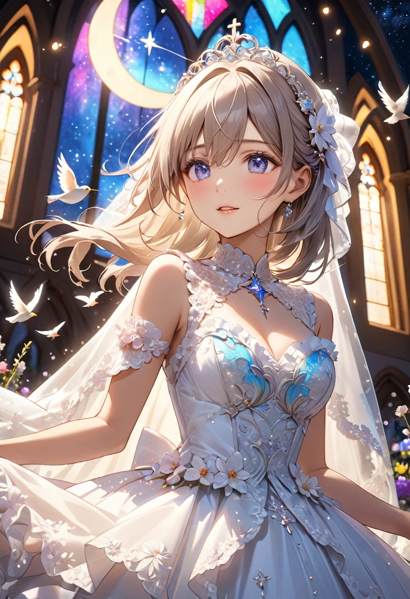 Highest quality, Highest quality, 16K, Unbelievably absurd, Very detailed, 2.5D, delicate and dynamic, church, Brightly colored stained glass, Small faint lights and flying fireflies, night, Starry Sky, milky way, nebula, shooting star, Flowers, bird, Wind and Moon, Very delicate facial expressions, Delicate eye depiction, Upper body close-up, erotic, Only sexy women, Healthy body shape, 22-year-old woman, bride, Height: 170cm, Large, firm, swaying bust, Colorful Tiaras, Long wedding dress with complex structure, Colorful long wedding dresses, See-through long ruffle wedding dress, Extra long cape from head