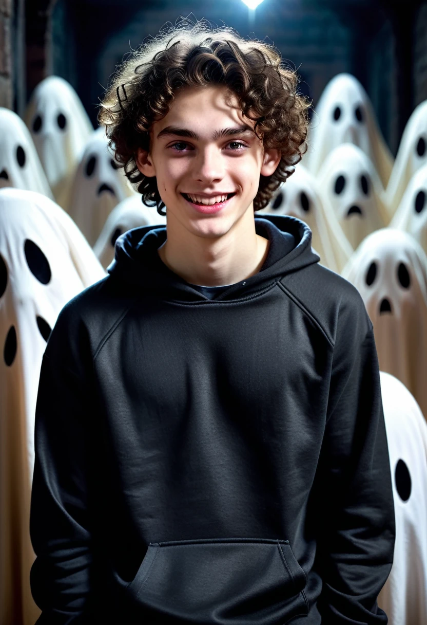 masterpiece, noise reduction, one boy, Best quality, sharp image, permission 8k, sharp image, Just focus, stunning composition, volumetric lighting, super quality, Very detailed, young very thin guy 18 years old, European, pale skin, black curly hair, tired look, grey eyes, bags under the eyes, in a black sweatshirt, in blood, crazy smile, surrounded by scary ghosts, horror, a nightmare, horror
