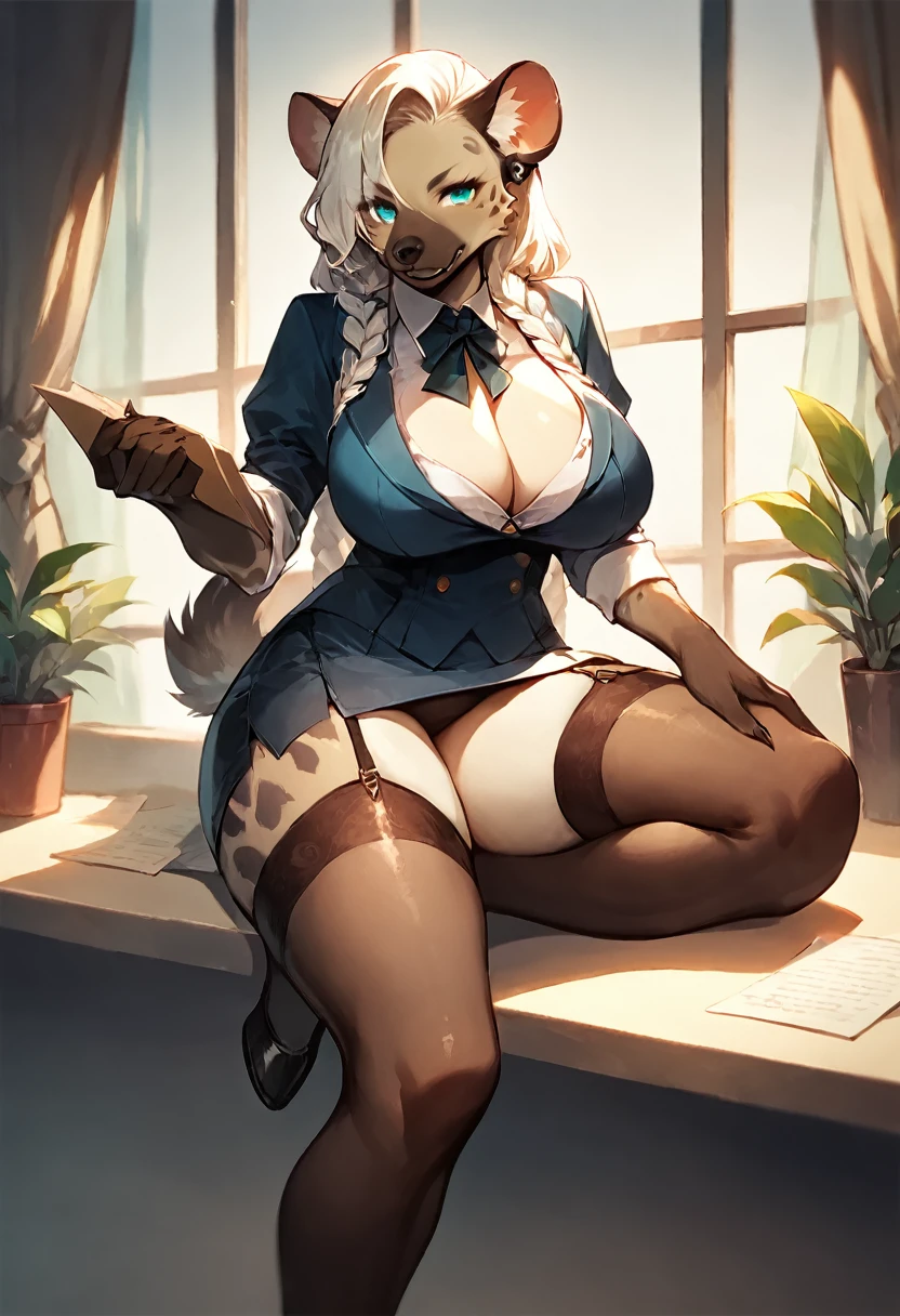 score_9, score_8_up, score_7_up, score_6_up, score_5_up, score_4_up, (solo), female anthro hyena, secretary clothes,mini skirt, lusty, fluffy body, long blond hair, turquoise eyes, (thick thighs:1.3)((( offering the breasts))) sex partial clothes, (((cleavage))) semi-butonned uniform niform, (barely_visible_booba) (she is sitting) , giant breasts, garter belt tights