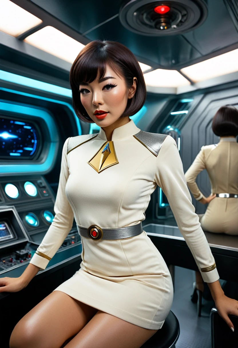 provocative, sexy, very sexy, flirtatious, arousing, revealing, sensuous, teasing ((wearing star trek original series 70s once piece mini dress bridge crew uniform)) (asian-european, half-asian crew member with bob haircut and slim figure) ((in the style of a retro-futuristic, retro-scifi film set) ((in the style of a 70s erotic movie, soft focus, cinematic, pulp, porn, retro porn, 1970s film) ((ultra realistic, detailed and dynamic)) (nikon d850 film 4 kodak portra 400 camera f1.6 lens, rich colors, hyper realistic, lifelike texture, dramatic lighting, cinestill 800 tungsten, (RAW photo, nikon, 8k, Super detailed, advanced details, intricate details, Super detailed), (award winning photo, masterpiece), (photo-realistic) ((anatomically correct, High precision human body, highly detailed face, realistic skin)) Lighting: Face lighting, Ray tracing, reflective light, Structurally correct)