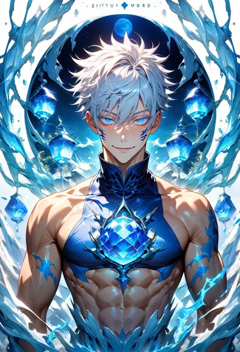 absurdres, highres, ultra detailed, HDR, master piece, best quality, detailed face, delicate features, Gojou Satoru, white hair, expressive blue eyes, white eyelashes, Jujutsu Kaisen, solo, sexy man, handsome, horny, toned chest, handsome smile, fantasy, magic world, blue lightning, envy crystalline, blue moon, blue lanterns, blue spheres, blue dust