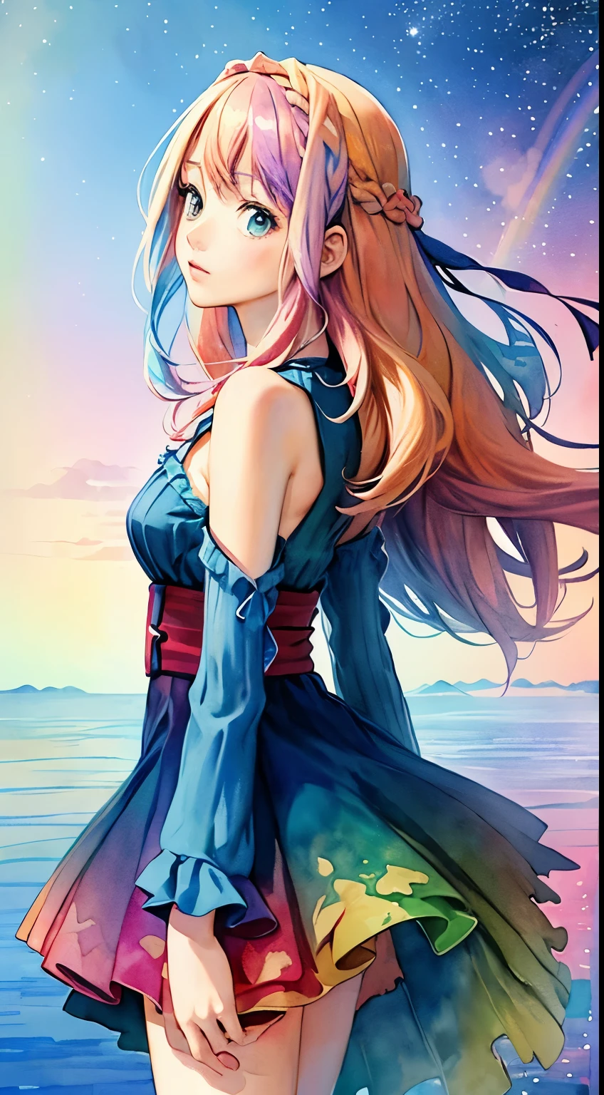 (masterpiece, top quality, best quality,watercolor (medium),official art, beautiful and aesthetic:1.2),(1girl:1.3), (fractal art:1.3), whole body, from side, looking at viewer, patterns,(rainbow color Hair,colorful hair,half blue and half pink hair:1.2),water, liquid, cloud, colorful, starry, stars, sexy pose