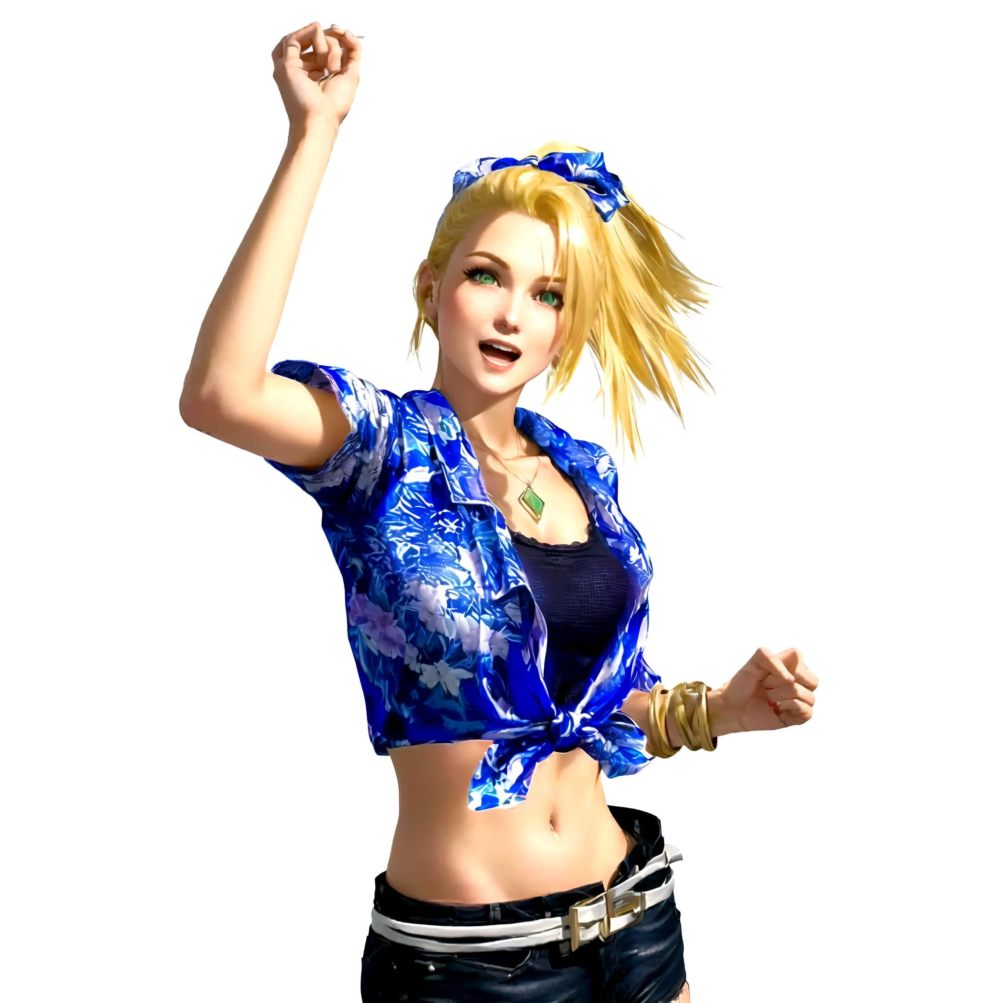 she's European, blonde hair, olive green eyes, (eyes turned to look at the camera), swedish, as a character in Out Run 2, of SEGA, 3D CG from the 2000s, Clarissa, 2k, 2 k, (( happy curious face)), realistic, render of april, fighting game character, nina from tekken, bright clean face, from devil may cry, hawaiian shirt, no bra, foulard tied on her head, grabbing her left arm with her right hand, happy wide open eyes, open mouth as to shout "Hoooray!",