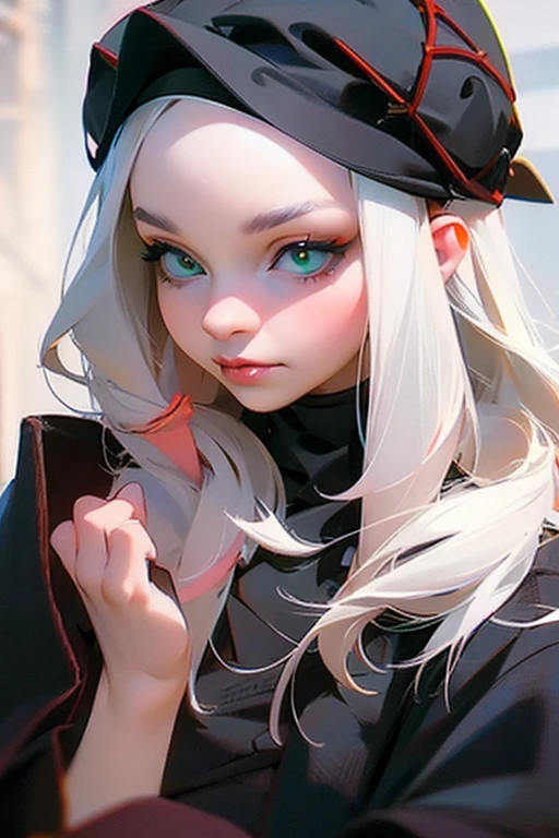 1 woman, black robe, green eyes, white hair,anime, realistic,Black head covering,ultra detail