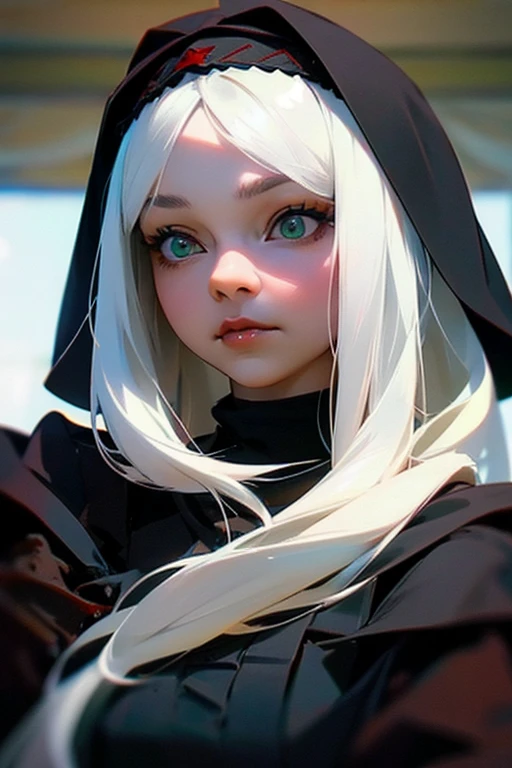 1 woman, black robe, green eyes, white hair,anime, realistic,Black head covering,ultra detail