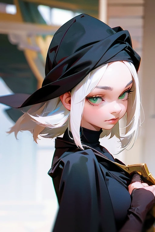 1 woman, black robe, green eyes, white hair,anime, realistic,Black head covering,ultra detail