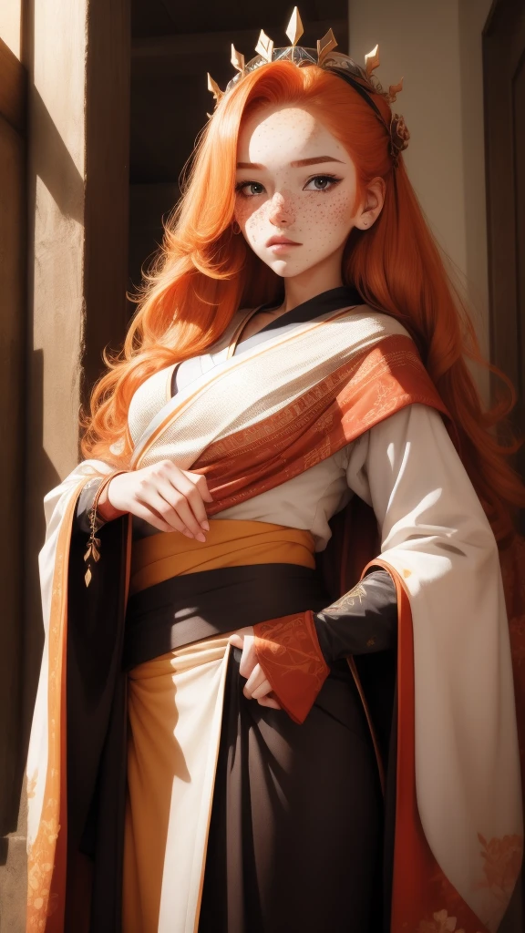 18 years old princess, striking figure, long ginger hair, wavy hairs, fair skin, ((freckles)), ((kolito)), innocent and regal appearance, expressive eyes are filled with a mix of curiosity and determination, her slender frame, elegant grace, vibrant orange kimono with white and black decorations, very long ((sleeves past fingers)), sleeves past wrists, feather headdress
