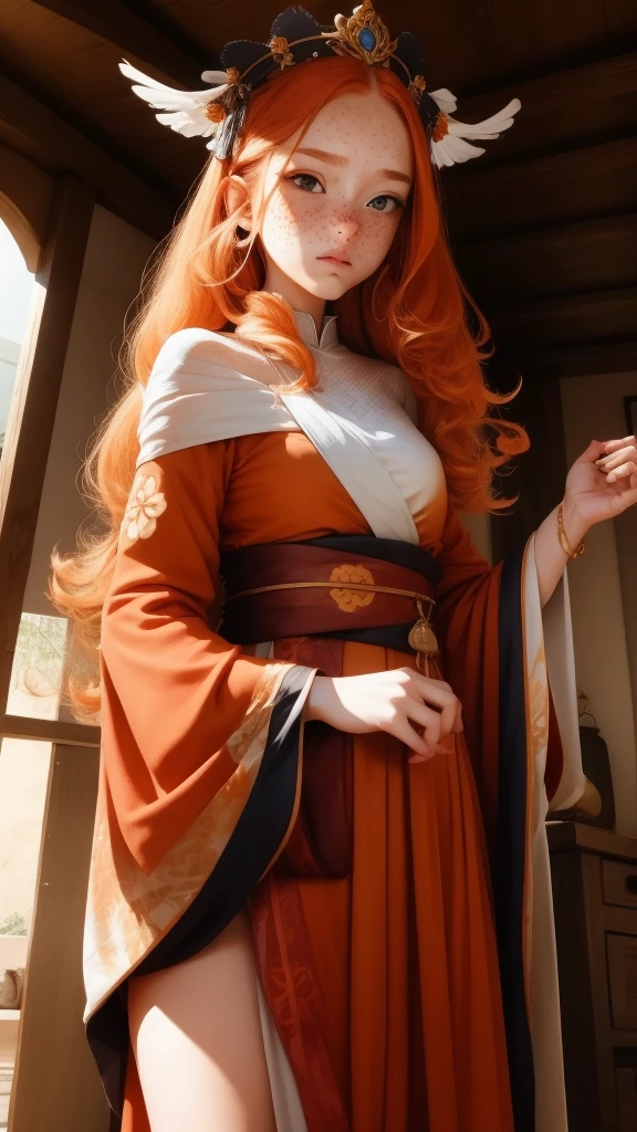 18 years old princess, striking figure, long ginger hair, wavy hairs, fair skin, ((freckles)), ((kolito)), innocent and regal appearance, expressive eyes are filled with a mix of curiosity and determination, her slender frame, elegant grace, vibrant orange kimono with white and black decorations, very long ((sleeves past fingers)), sleeves past wrists, feather headdress