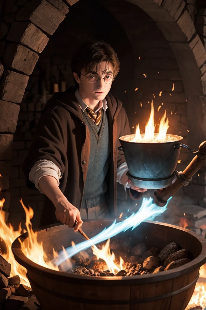 harry potter (facing the front) doing magic in a cauldron (Next to you) wood fire.