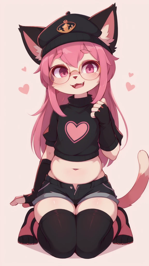 solo, looking at viewer, cat ears, :3, smile, animal ears, pink eyes, bright pupils, magenta hair, red eyes, bangs, feets with three toes, 3 toes, ((black headwear, glasses, hat, under-rim eyewear, semi-rimless eyewear, topwear, midriff, short cargo pants, toeless footwear, fingerless gloves)) (score_9, score_8_up), score_7_up, score_6_up, score_5_up, score_4_up, Hazel Typh, 1cat, best quality, furry, brown fur, pink hair, animal ears, gold piercing, heart-shaped pupils, animal nose, pink eyes, hair bun, long tail, expressionless, closed mouth, fangs, puffy sleeves, kneeling, on knees, pink background, looking at viewer, round glasses, beautiful and detailed, man (((genderless))) ((anthro)) cat, (Averi, cat boy), by waspsalad, by phluks, by zero-sum, cat, (anthro, fluffy fur, character focus:1.1), anthro cat, body fur, nice, cute, digital drawing, (half-closed eyes), big eyes, sweater, short shorts, thigh highs, stockings, (hi res), ((masterpiece)), ((best quality)), Cat, gernderless cat, clean sketch, anthropomorphic cat, fursona, sharp teeth, big ears, smooth hair, long hair,, smooth fur, long eyelashes, makeup, thin, chubby face, flat chest, no bulge, no cock, no , no gender
