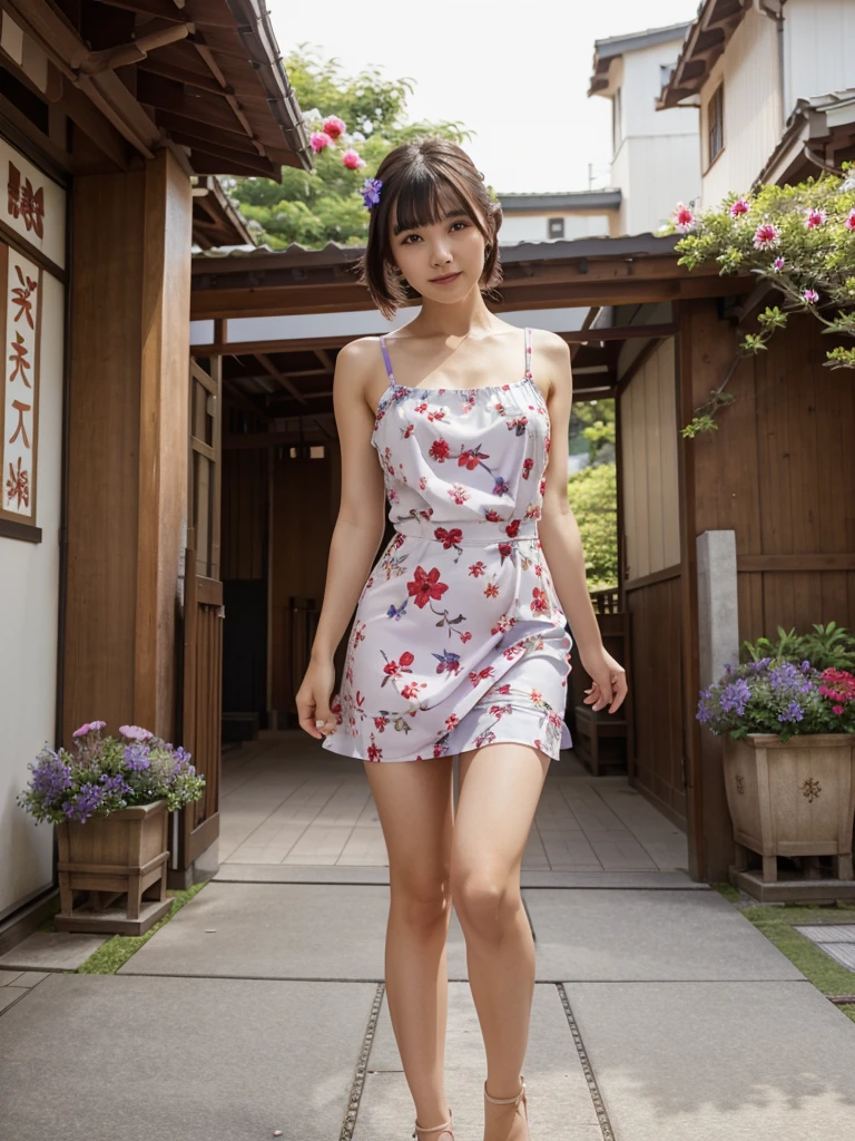a beautiful woman, holiday short dress, violet summer short dress, flowers, Japan woman, sexy