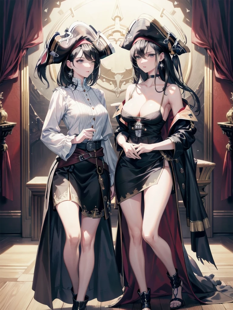 absurdres, RAW photo, extremely delicate and beautiful, masterpiece, Best Quality, ultra high resolution, 32k, hyperrealistic, ultra-detailed, delicate facial features, beautiful detailed woman, tearful mole, earring, medium breasts, full body shot, medium hair, black hair, (Practical pirate clothing), Long-sleeved pirate top, Skirt, torn pirate hat,