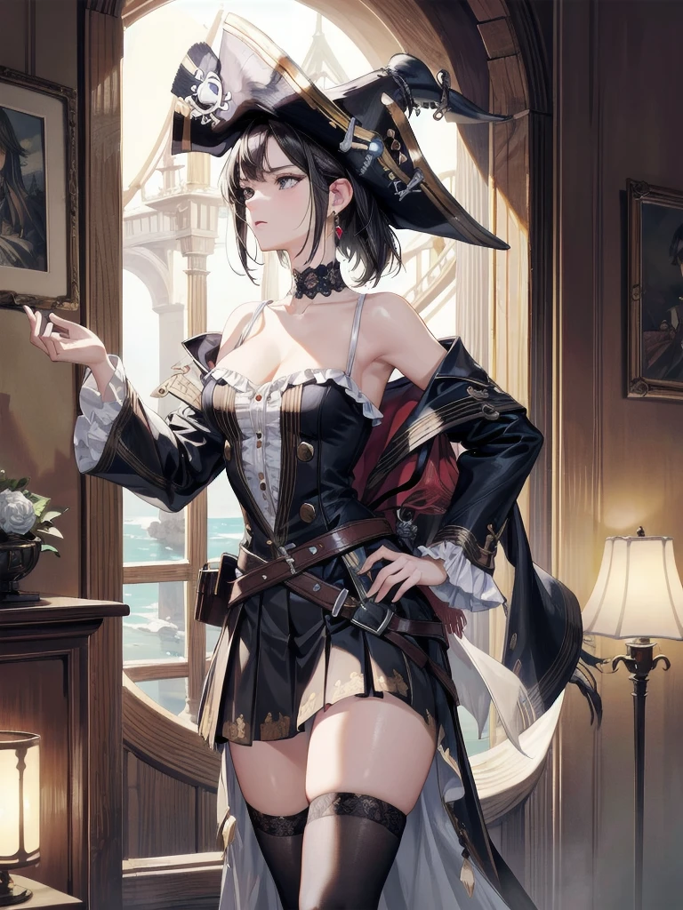 absurdres, RAW photo, extremely delicate and beautiful, masterpiece, Best Quality, ultra high resolution, 32k, hyperrealistic, ultra-detailed, perfect anatomy, anatomically correct, perfect figure, Perfect Style, Perfect balance, super Detailed skin, in her 30s, very Slim body, narrow waist, very small head, very small face, delicate facial features, handsome detailed woman, very detailed eyes and face, realistic face proportions, Realistic beautiful face, Realistic beautiful eyes, tearful mole, earring, big tits, full body shot, bare legs, medium hair, indoor, Legendary Pirate costume, Practical pirate clothing, Long-sleeved pirate top, Skirt, shirt, Torn pirate hat,