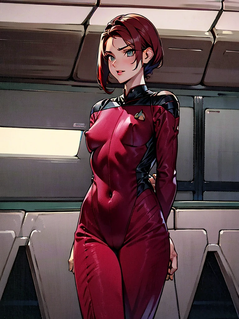 Outstanding picture quality, outstanding details, Ultra-high resolution, (Realism: 1.4), ((close up:0.75)), the best illustration, favor details, Highly concentrated for 1 very young Martian woman, beautiful and delicate face, Short tousled hair, Painted in fiery scarlet color(Vermilion hair), Brilliant golden eyes with vertical pupils, A very vulgar look, Bronzed Skin, sexually licks lips, Perfectly proportioned, (Slim:0.3, small breasts with hardened nipples), Wear a very tight fit (Deep kameltoe) Monolithic silver shiny Starfleet jumpsuit, Unbuttoned to the waist(Breasts are visible), I love metallic red, inside a spaceship, Spacecraft control panel, Vessel management, The captain's bridge of the spaceship in the background, sexy playful pose, full-length from a short distance