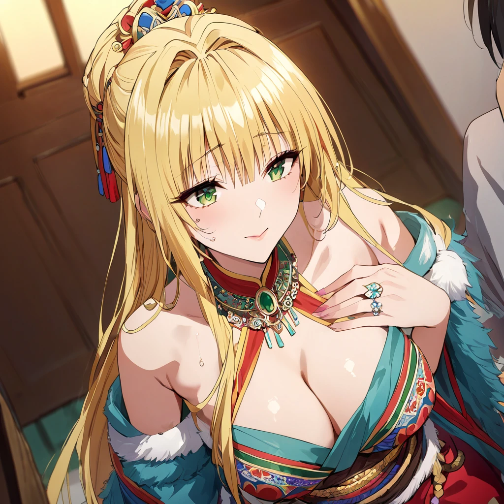 A woman is raped and violated by a man、((Highest quality)), ((masterpiece)), (detailed), (Perfect Face)、The woman is a Mongolian Tiayyu, wearing a gorgeous and colorful Mongolian traditional dress, Dale, in a Mongolian mansion, and is wearing an engagement ring as part of her luxurious jeweled accessories.、The woman is an elegant Tiayyu with green eyes and medium-long blonde hair. She is wearing the colorful Mongolian national dress, the Deel.