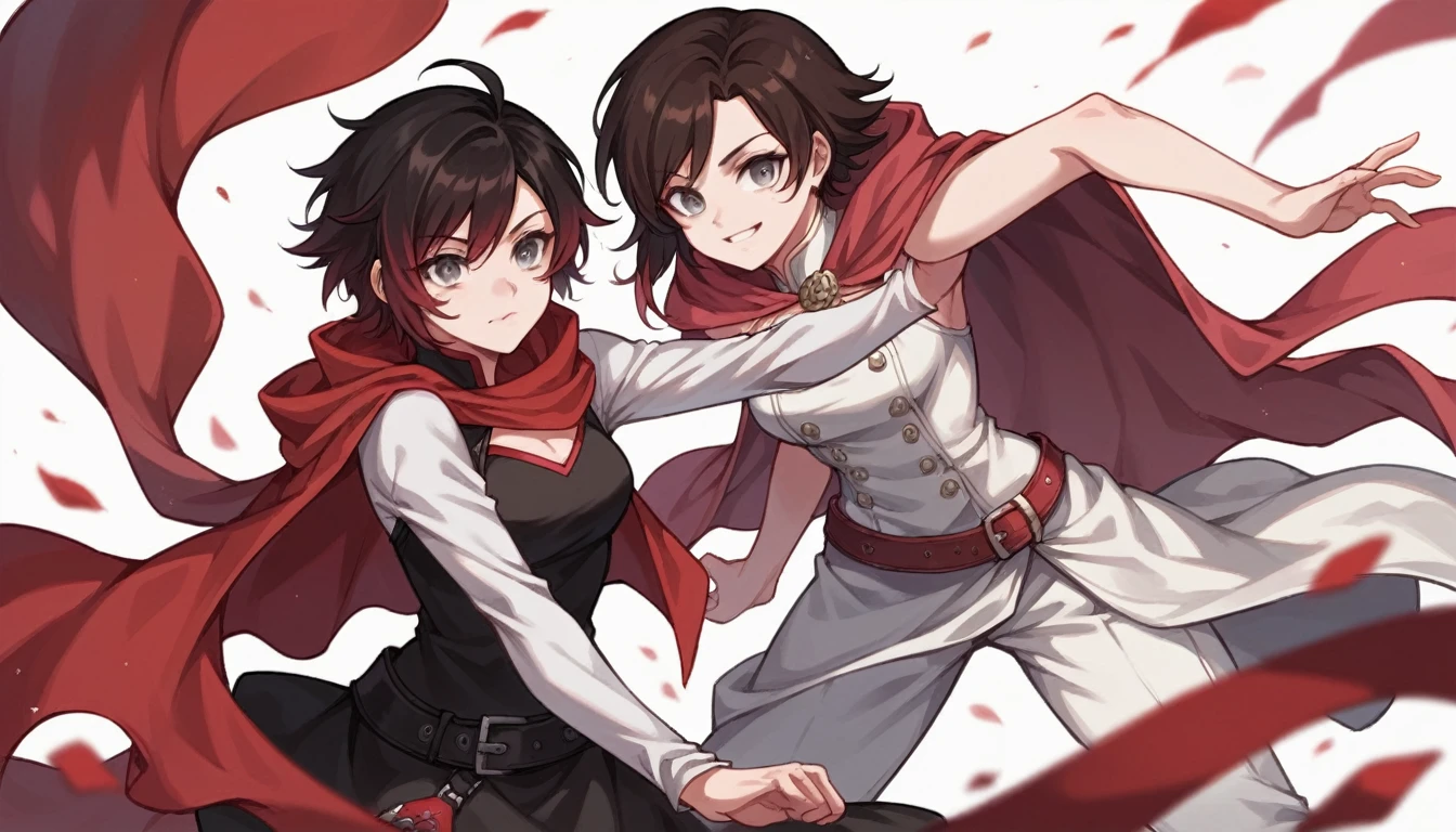2girl, dynamic pose, (girl1: Short black hair, grey eyes, pale skin, red cape,) (girl2: Long brown hair, brown eyes, pale skin, white clothes.) Ruby rose from RWBY, simple backround, 