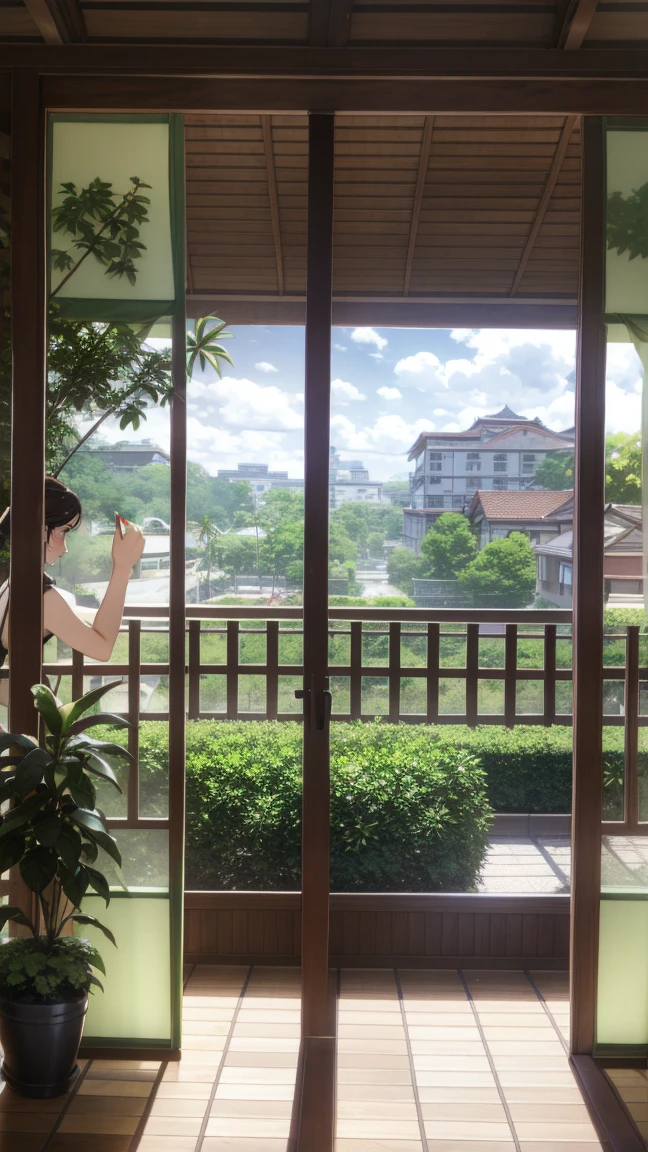 Woman in kimono、Veranda、break、 The plant curtains are lush and green, covering the windows and providing shade from the bright sun. Inside the building, a family is happily enjoying the cooler, shaded environment. The background includes bright sunlight, clear blue sky, and lush greenery, emphasizing the sunshade effect of plant curtains.