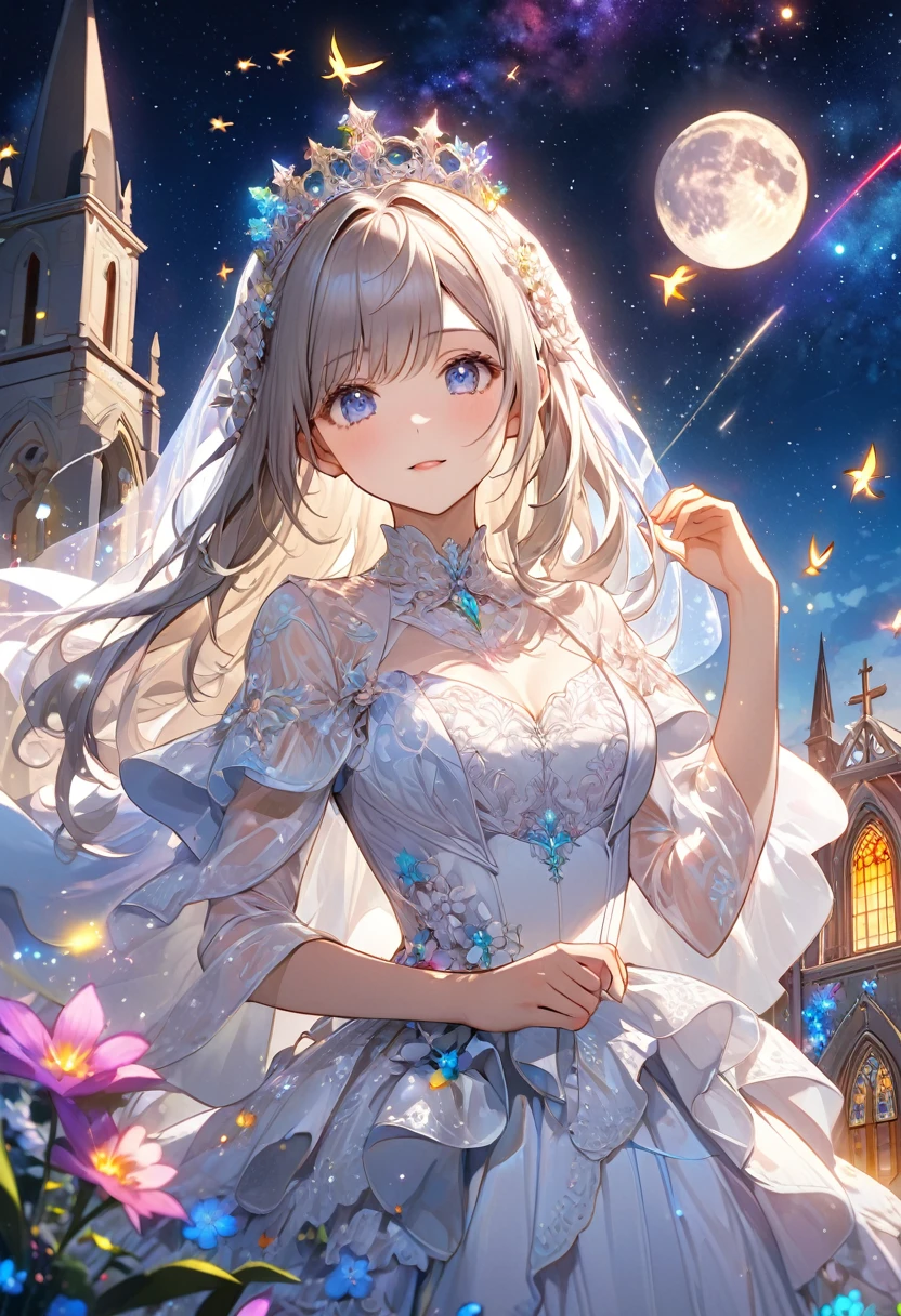 Highest quality, Highest quality, 16K, Unbelievably absurd, Very detailed, 2.5D, delicate and dynamic, church, Brightly colored stained glass, Small faint lights and flying fireflies, night, Starry Sky, milky way, nebula, shooting star, Flowers, bird, Wind and Moon, Very delicate facial expressions, Delicate eye depiction, Upper body close-up, erotic, Only sexy women, Healthy body shape, 22-year-old woman, bride, Height: 170cm, Large, firm, swaying bust, Colorful Tiaras, Long wedding dress with complex structure, Colorful long wedding dresses, See-through long ruffle wedding dress, Extra long cape from head