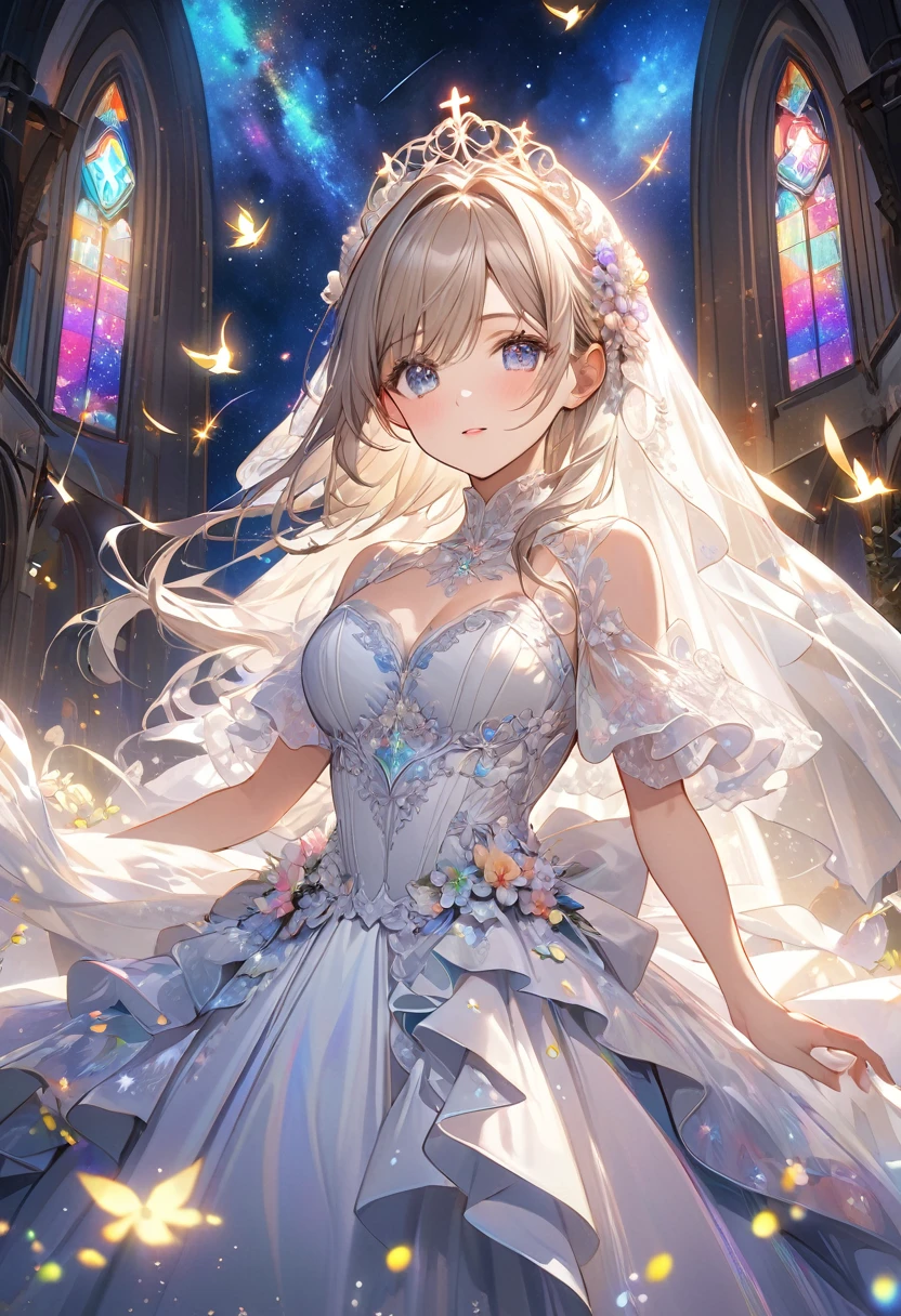 Highest quality, Highest quality, 16K, Unbelievably absurd, Very detailed, 2.5D, delicate and dynamic, church, Brightly colored stained glass, Small faint lights and flying fireflies, night, Starry Sky, milky way, nebula, shooting star, Flowers, bird, Wind and Moon, Very delicate facial expressions, Delicate eye depiction, Upper body close-up, erotic, Only sexy women, Healthy body shape, 22-year-old woman, bride, Height: 170cm, Large, firm, swaying bust, Colorful Tiaras, Long wedding dress with complex structure, Colorful long wedding dresses, See-through long ruffle wedding dress, Extra long cape from head
