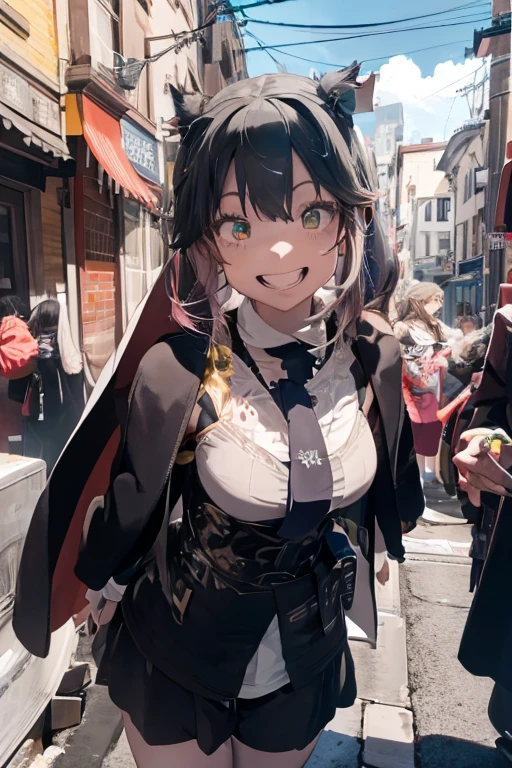 1 woman, laughing hardly, wide mouth, wide radiant smiling, black robe, radiant green eyes, white hair,anime, realistic,Black head covering,ultra detail
