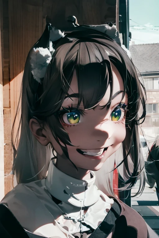 1 woman, laughing hardly, wide mouth, wide radiant smiling, black robe, radiant green eyes, white hair,anime, realistic,Black head covering,ultra detail