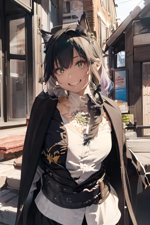 1 woman, laughing hardly, wide mouth, wide radiant smiling, black robe, radiant green eyes, white hair,anime, realistic,Black head covering,ultra detail