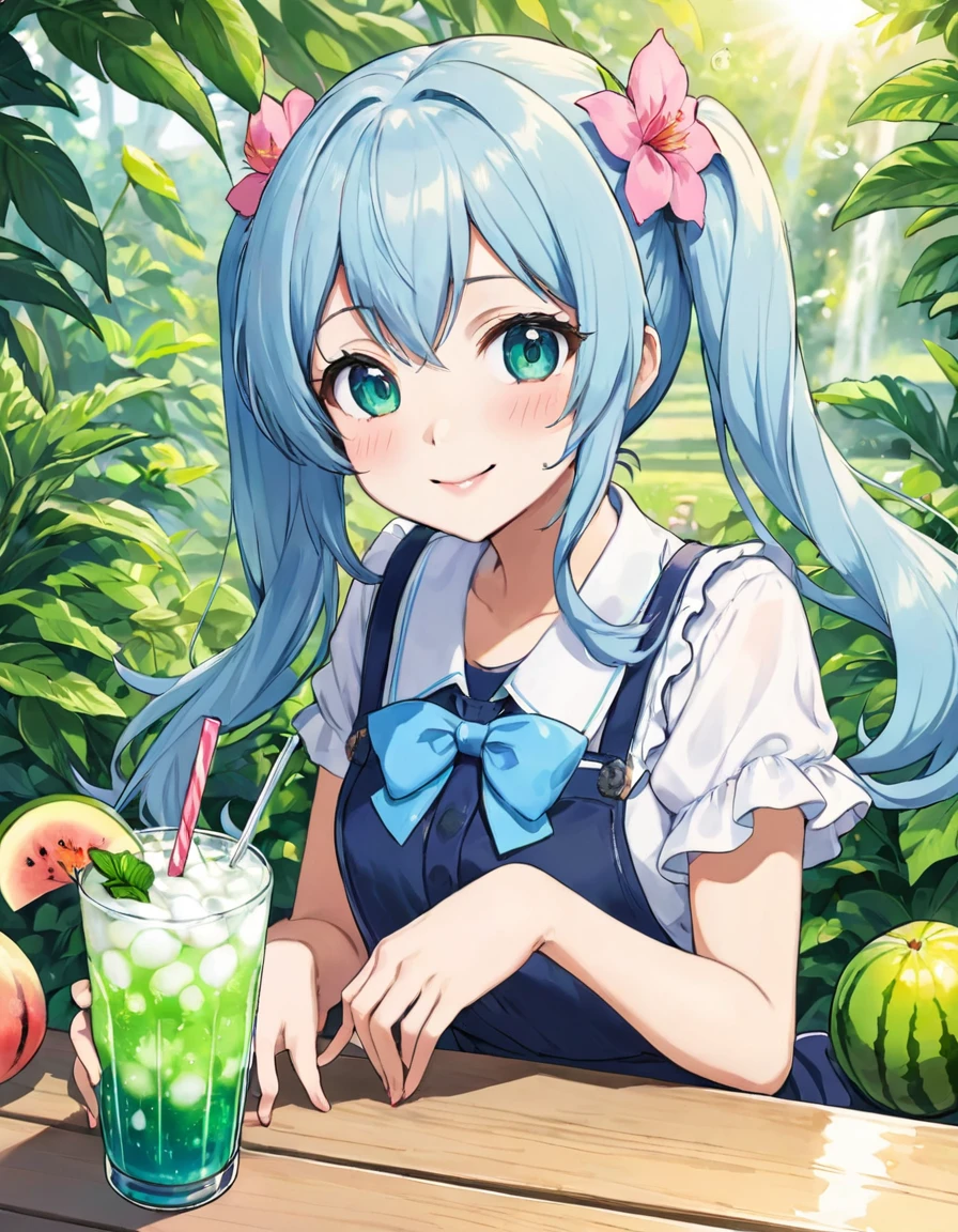 in the forest、Flower Field、A cherry on a green drink in a flower-filled cafe、cream soda、girl, Light blue long hair、Beautiful girl with twin tails、Bright smile、Melon Soda、Cute realistic portrait, かわいいgirlのアニメビジュアル, ソーダをテーマにしたgirl, かわいいアニメのgirl,With a straw, Splash art anime 