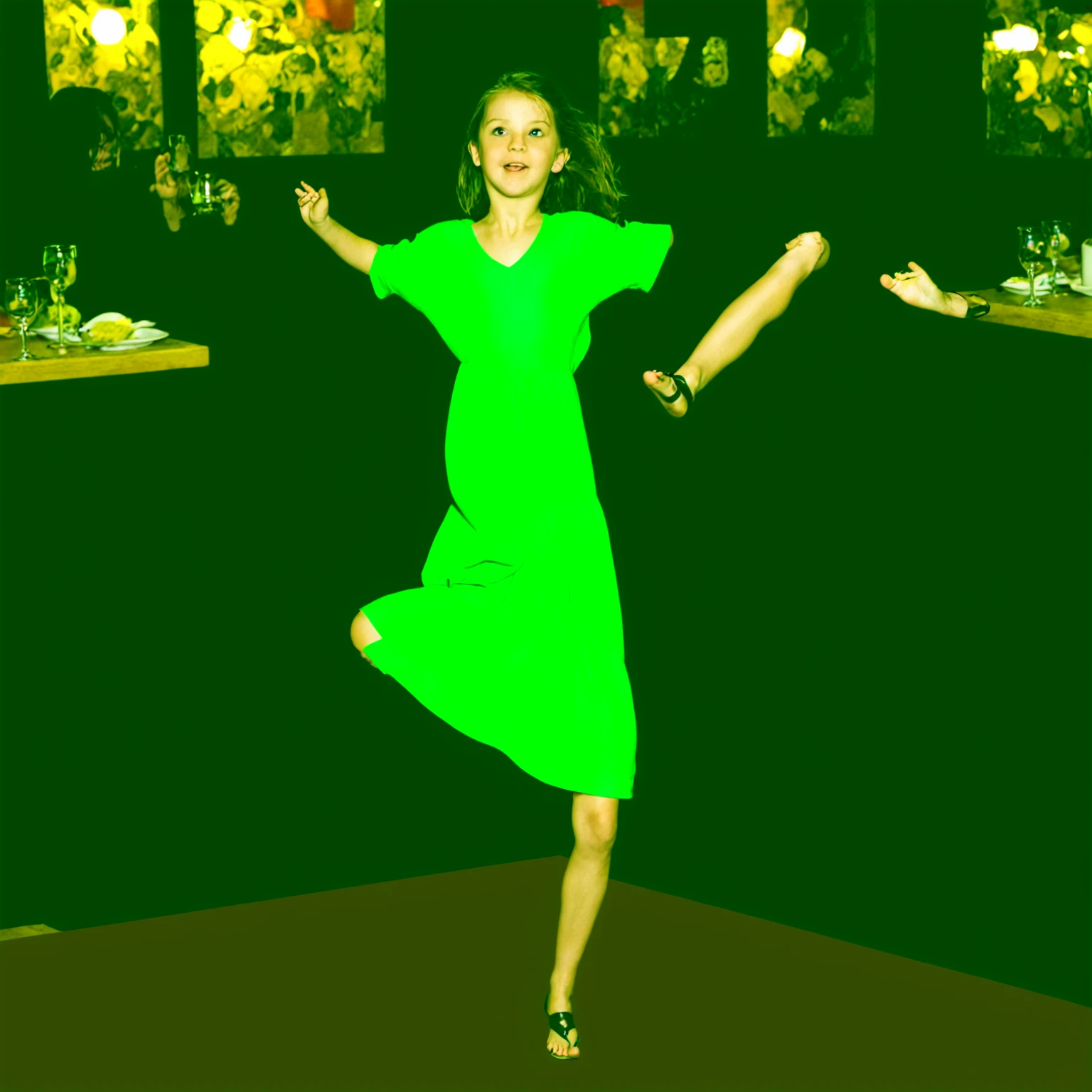 A GIRL DANCING IN A RESTAURANT