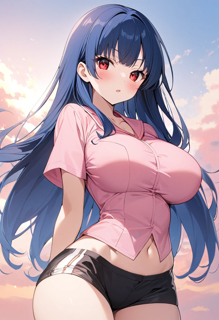My name is Yukiko.I am a white test woman with long Sky blue hair,red eye color.I am 1.62 cm tall . My breasts measure 200 cm, my waist 40 cm and my hips 200 cm.Dressed in a low-cut pink blouse and short black shorts. With big 200 cm breasts