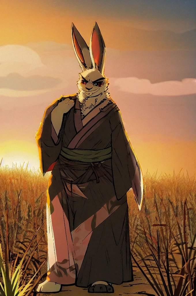 Vysache, furry, 1boy, rabbit boy, rabbit ears, animal nose, one-eyed, red eyes, white fur, fat, (black kimono), beads, pink coat, fur trim, smirk, outdoors, plains, rice paddy, rice field, sunset, naked.sweaty.musky.heavy body.extra huge penis.