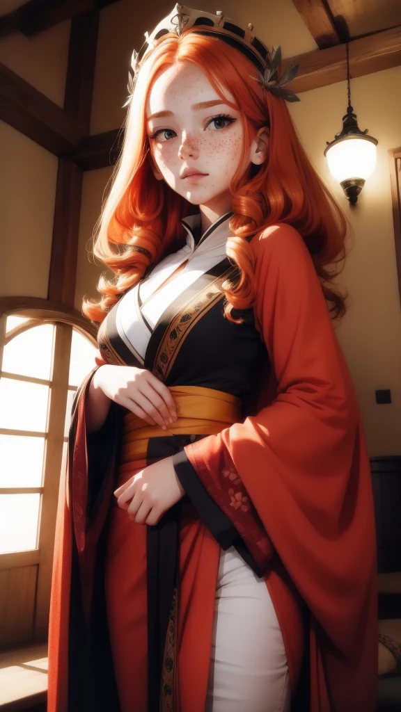 18 years old princess, striking figure, long ginger hair, wavy hairs, fair skin, (freckles), (kolito), innocent and regal appearance, expressive eyes are filled with a mix of curiosity and determination, her slender frame, elegant grace, vibrant orange kimono with white and black decorations, very long ((sleeves past fingers)), sleeves past wrists, feather headdress