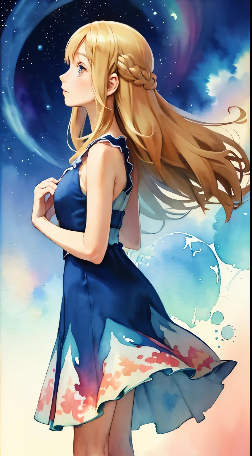 (masterpiece, top quality, best quality,watercolor (medium),official art, beautiful and aesthetic:1.2),(1girl:1.3), (fractal art:1.3), whole body, from side, looking at viewer, patterns, silky hair ,water, liquid, cloud, colorful dress, starry, stars, sexy pose, pink blue white, pastel colours