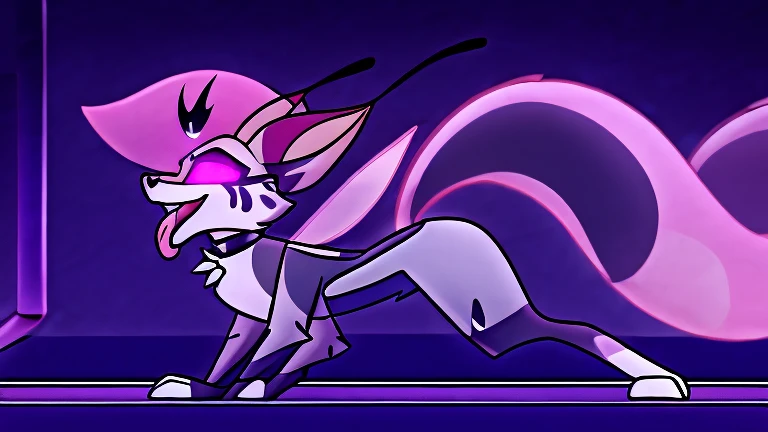 (masterpiece, best quality:1.2), Queen Bee hellhound, wolf, furry, helluva boss, glowing purple eyes, tongue out, using a gray latex suit, and a black techno collar, marching on all fours, profile picture