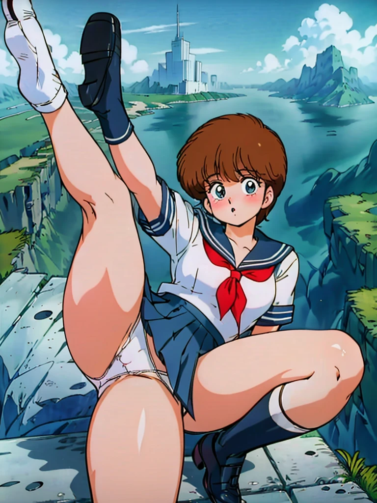 1girls, masterpiece, highest quality, disorganized, retro artstyle, 1980s \(style\)))), look viewer, (((sailor uniform))), (hikaru hiyama), (((scoolgirl uniform))), knee shot, full blush, (((white Panties))),, Take a look here, view audience, short hair, 2girls, nsfw, Genitals are visible, (((See here))), (Japanese girl showing off panties:1.1), look viewer, from below, (((a girl, Flying in the air in a sailor uniform, from the knees up, overlooking the cityscape below,))),