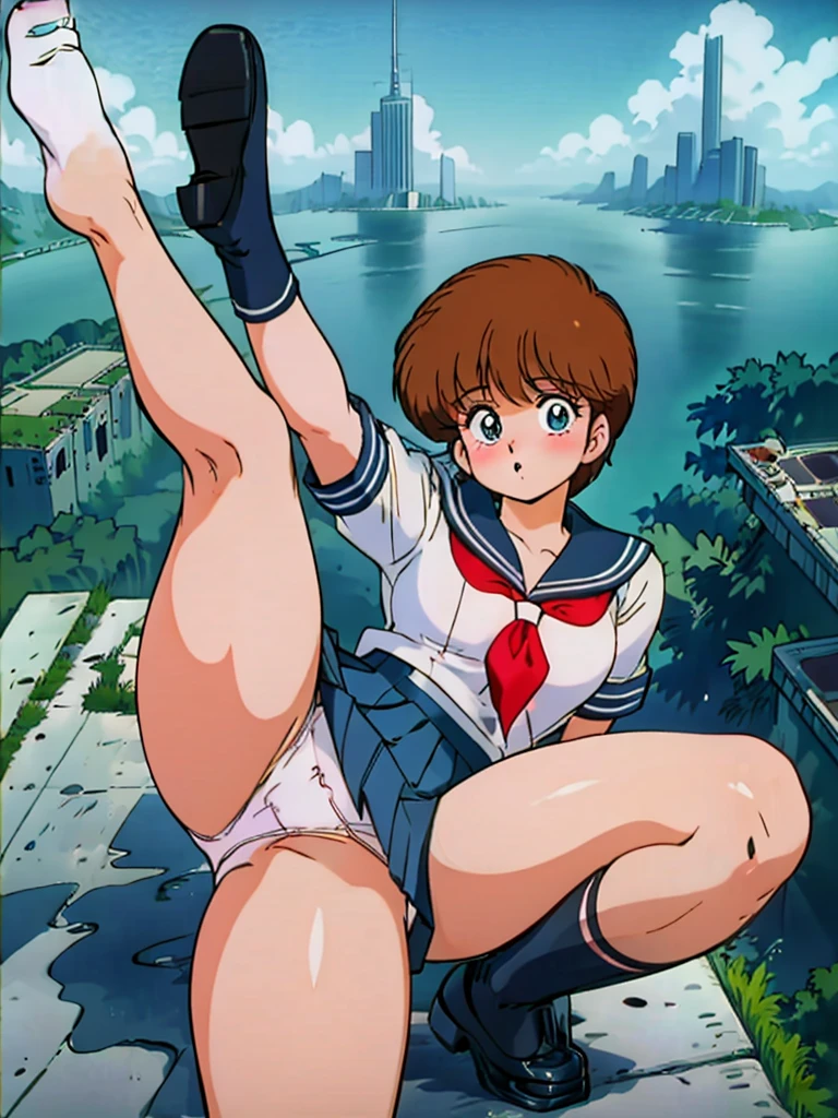 1girls, masterpiece, highest quality, disorganized, retro artstyle, 1980s \(style\)))), look viewer, (((sailor uniform))), (hikaru hiyama), (((scoolgirl uniform))), knee shot, full blush, (((white Panties))),, Take a look here, view audience, short hair, 2girls, nsfw, Genitals are visible, (((See here))), (Japanese girl showing off panties:1.1), look viewer, from below, (((a girl, Flying in the air in a sailor uniform, from the knees up, overlooking the cityscape below,))),