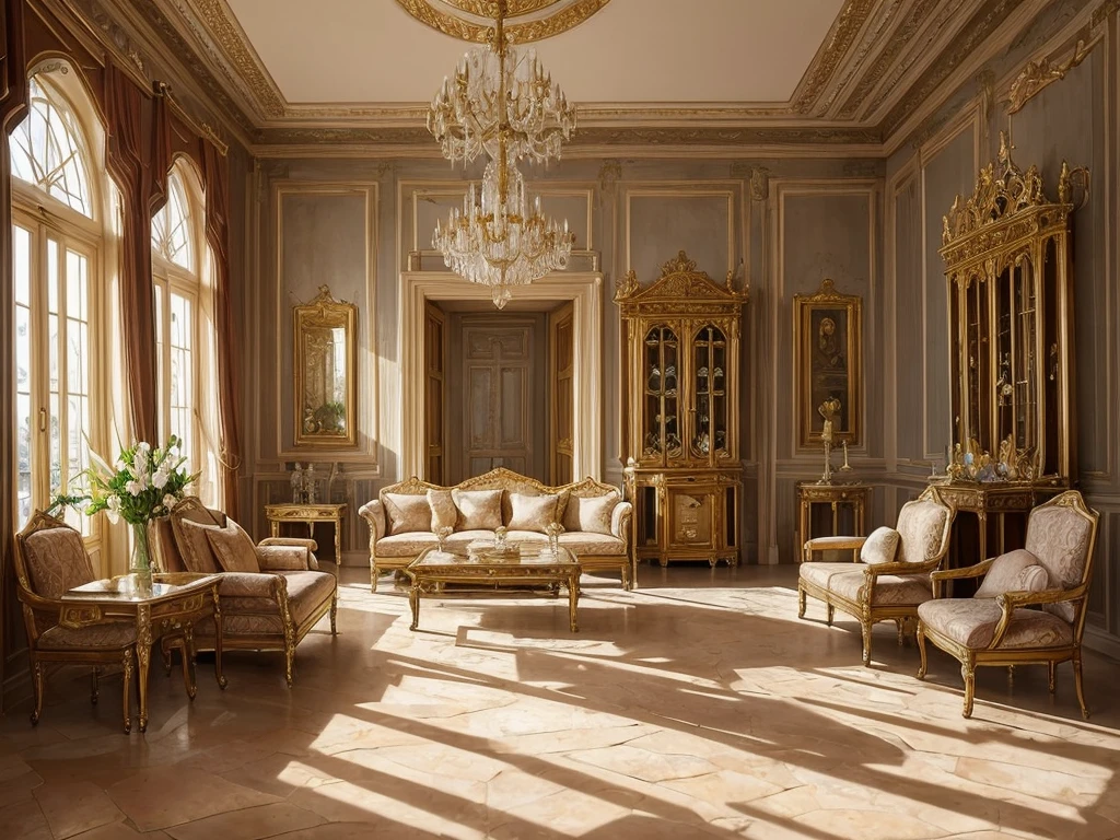 Castle interior with luxurious furniture, intricate design, fine details, high chaos, soft sunlight, dreamy pastel colors, Johan Grenier style, Alyssa Monks style