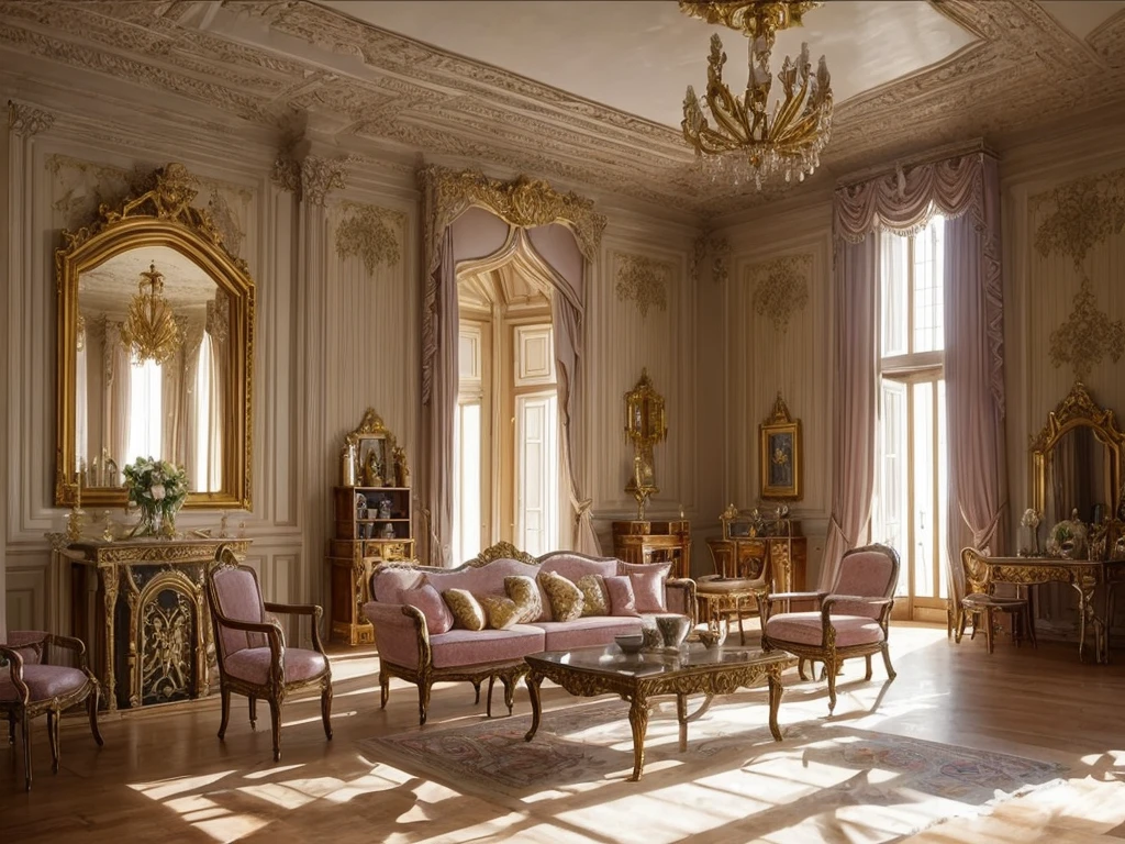 Castle interior with luxurious furniture, intricate design, fine details, high chaos, soft sunlight, dreamy pastel colors, Johan Grenier style, Alyssa Monks style