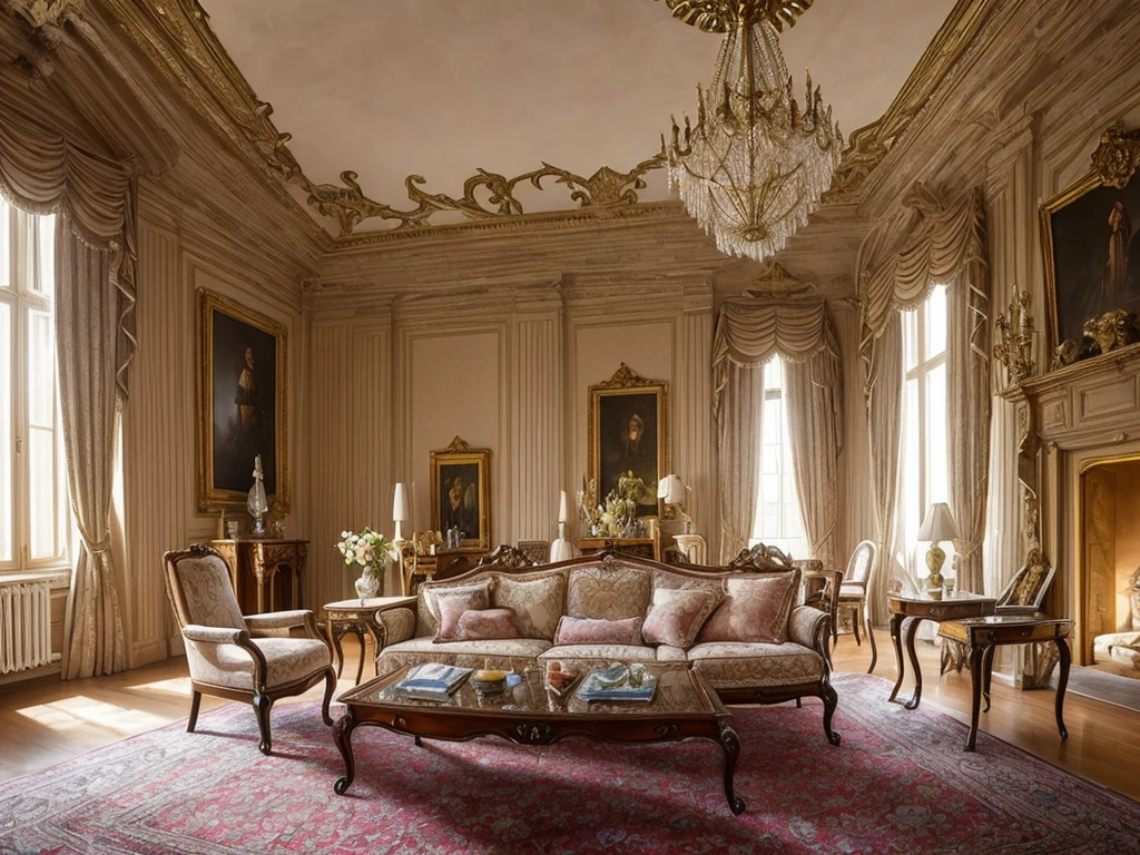 Castle interior with luxurious furniture, intricate design, fine details, high chaos, soft sunlight, dreamy pastel colors, Johan Grenier style, Alyssa Monks style