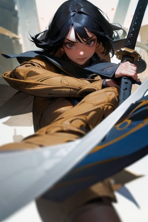 A black-haired girl wields the Heavy Thrusting Swords from within the Elden Ring in a reverse grip.