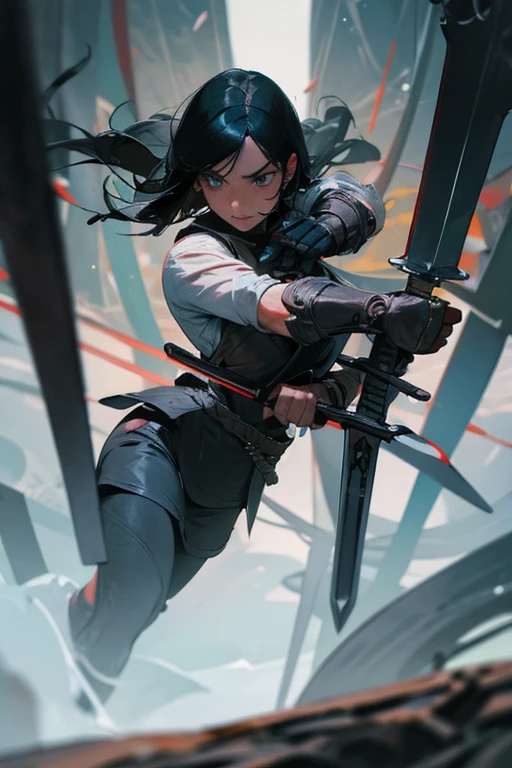 A black-haired girl wields the Heavy Thrusting Swords from within the Elden Ring in a reverse grip.