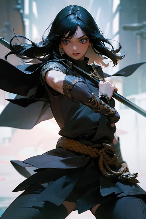 A black-haired girl wields the Heavy Thrusting Swords from within the Elden Ring in a reverse grip.