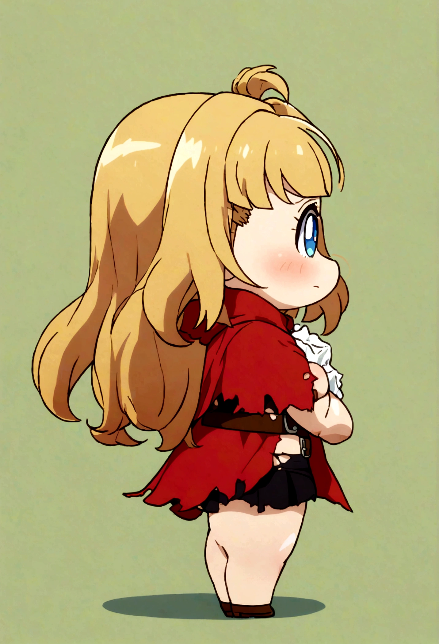 (1 Kizi) Kizi, long hair, hair blue, standing alone, cape, blue colored eyes, red cloak, corset, thicc thighs, torn garments, torn thicc thighs, Black Skirt, zetai ryouiki, don, tissue, Pink, Torn Cape, black thicc thighs, anime coloring, flowers, waist belt,blush, simple background, from sideways, chibi
