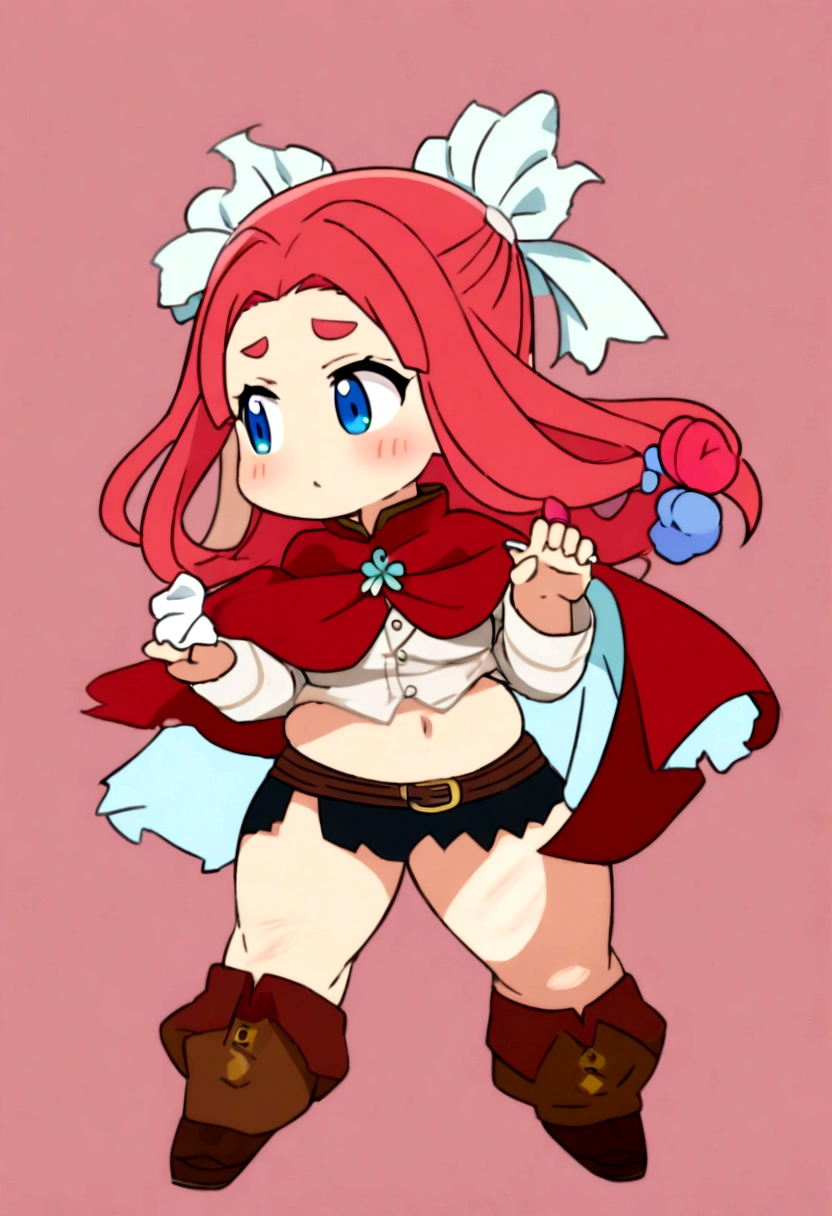 (1 Kizi) Kizi, long hair, hair blue, standing alone, cape, blue colored eyes, red cloak, corset, thicc thighs, torn garments, torn thicc thighs, Black Skirt, zetai ryouiki, don, tissue, Pink, Torn Cape, black thicc thighs, anime coloring, flowers, waist belt,blush, simple background, from sideways, chibi