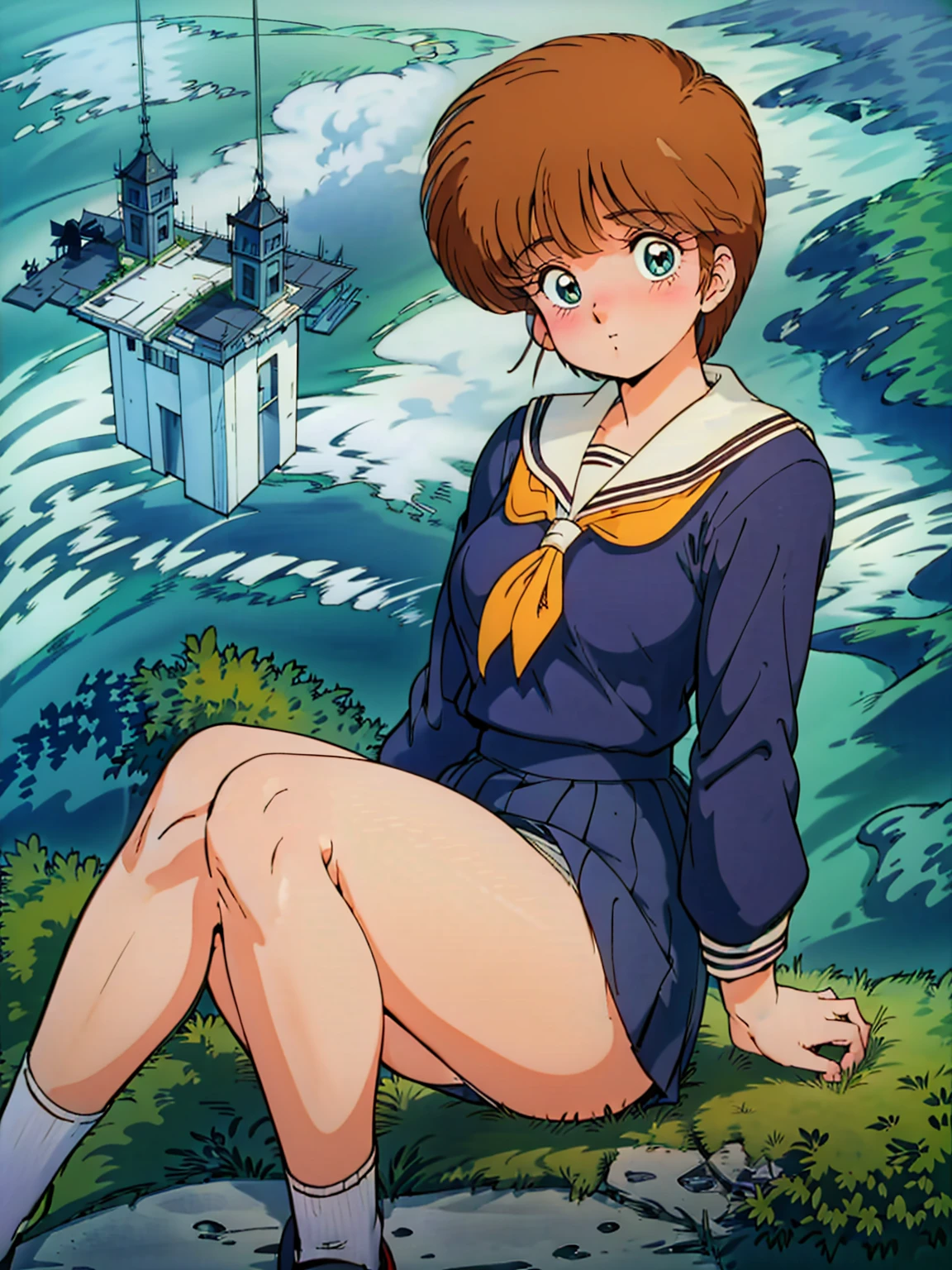 hikaru hiyama, 1girls, masterpiece, highest quality, disorganized, retro artstyle, 1980s \(style\)))), look viewer, (((sailor uniform))), (esper_mami), (((scoolgirl uniform))), knee shot, full blush, (((white Panties))),, Take a look here, view audience, short hair, 2girls, nsfw, Genitals are visible, (((See here))), (Japanese girl showing off panties:1.1), look viewer, from below, (((a girl, Flying in the air in a sailor uniform, from the knees up, overlooking the cityscape below,))),