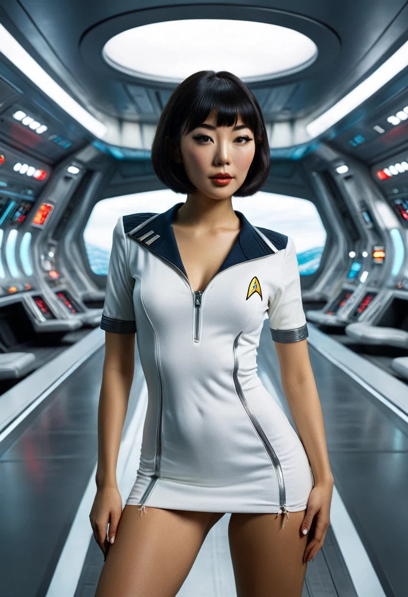 provocative, sexy, very sexy, flirtatious, arousing, revealing, sensuous, teasing ((ripped open uniform 1.4)) ((on the bridge of the enterprise 1.3) ((wearing star trek original series 70s one piece sexist sexy short mini dress bridge crew uniform ripped)) ((dress is too short 1.5))  (asian-european, half-asian crew member with bob haircut and slim figure) ((in the style of a retro-futuristic, retro-scifi film set) ((in the style of a 70s erotic movie, soft focus, cinematic, pulp, porn, retro porn, 1970s film) ((ultra realistic, detailed and dynamic)) (nikon d850 film 4 kodak portra 400 camera f1.6 lens, rich colors, hyper realistic, lifelike texture, dramatic lighting, cinestill 800 tungsten, (RAW photo, nikon, 8k, Super detailed, advanced details, intricate details, Super detailed), (award winning photo, masterpiece), (photo-realistic) ((anatomically correct, High precision human body, highly detailed face, realistic skin)) Lighting: Face lighting, Ray tracing, reflective light, Structurally correct)