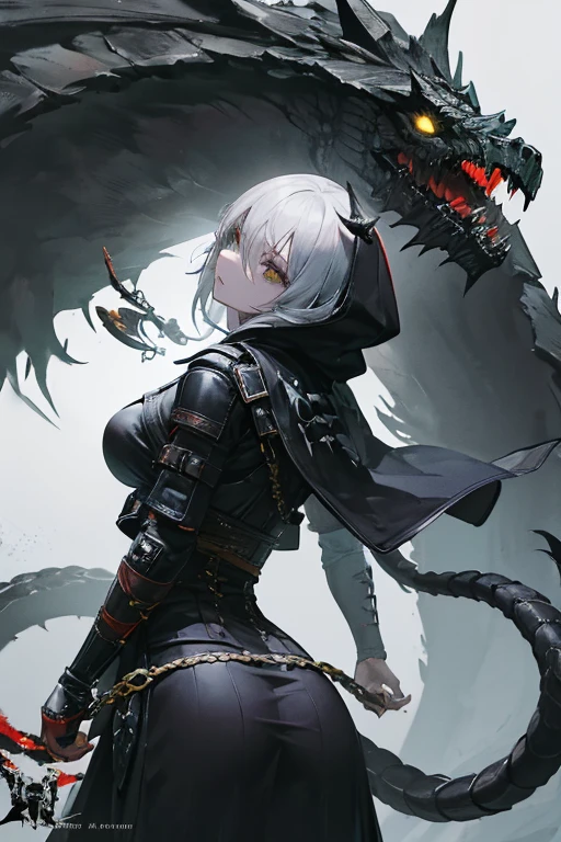 "The Last Anaconda Amazon" Beautiful woman, cold face, sexy butts, no horns, have an anaconda tail behind her butts, scary tail, have a thousand arms, an ancient witch, wear a full-mask cover face, Giant Crossbow Locked Connect With Arm, wear an old-fashioned hood, wear a clothes from Arknights, Bloodborne theme, Arknights theme, dark fantasy, scary theme, green forest, monstrous pet, bloody background, supervillain, evil movement, mercilessly squads.