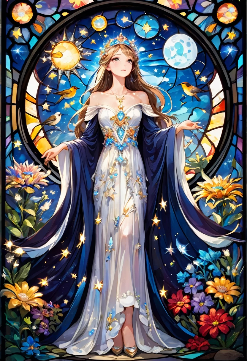 Highest quality, Highest quality, 16K, Unbelievably absurd, Very detailed, 2.5D, delicate and dynamic, church, Brightly colored stained glass, Small faint lights and flying fireflies, night, Starry Sky, milky way, nebula, shooting star, Flowers, bird, Wind and Moon, Very delicate facial expressions, Delicate eye depiction, Upper body close-up, erotic, Only sexy women, Healthy body shape, 22-year-old woman, bride, Height: 170cm, Large, firm, swaying bust, Colorful Tiaras, Long wedding dress with complex structure, Colorful long wedding dresses, See-through long ruffle wedding dress, Extra long cape from head