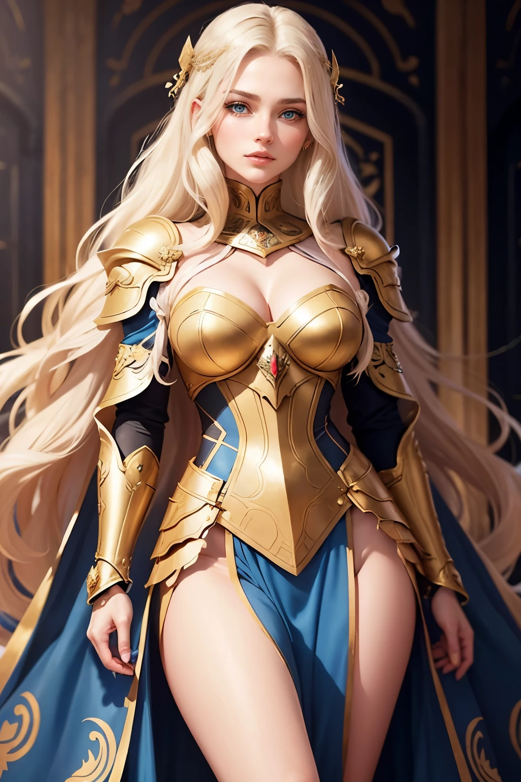 Appearance: Octávia has silky blonde hair that falls in soft waves over her shoulders... Her clear blue eyes shine with determination and intelligence. Your skin is clear and immaculate, reflecting your eternal youth. She has remarkable beauty and a posture that radiates confidence and nobility...Style Clothing: Octavia wears elegant Roman armor, custom made for her. The armor is adorned with golden details and imperial symbols, highlighting her status as the emperor&#39;s daughter and #39. She wears a red cape that flows behind her as she moves., adding a touch of elegance to your warrior look. Your shoes are robust and practical, suitable for both battle and palace.fund: no back ground, we can imagine Octávia in a grand and majestic setting. Perhaps she is in one of the halls of the imperial palace in Rome, with ancient columns and richly decorated tapestries around. A luz do sol entra pelas janelas altas, illuminating you with a soft glow that highlights your noble figure and distinctive features.