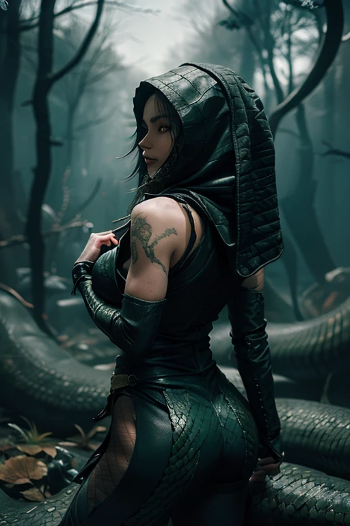 "The Last Anaconda Amazon" Beautiful woman, cold face, no horns, have an anaconda tail behind her butts, scary tail, have a thousand arms, an ancient witch, wear a full-mask cover face, holding sharply weapon and shield, wear an old-fashioned hood, wear a clothes from Arknights, Bloodborne theme, Arknights theme, dark fantasy, scary theme, green forest, monstrous pet, bloody background, supervillain, evil movement, mercilessly squads.
